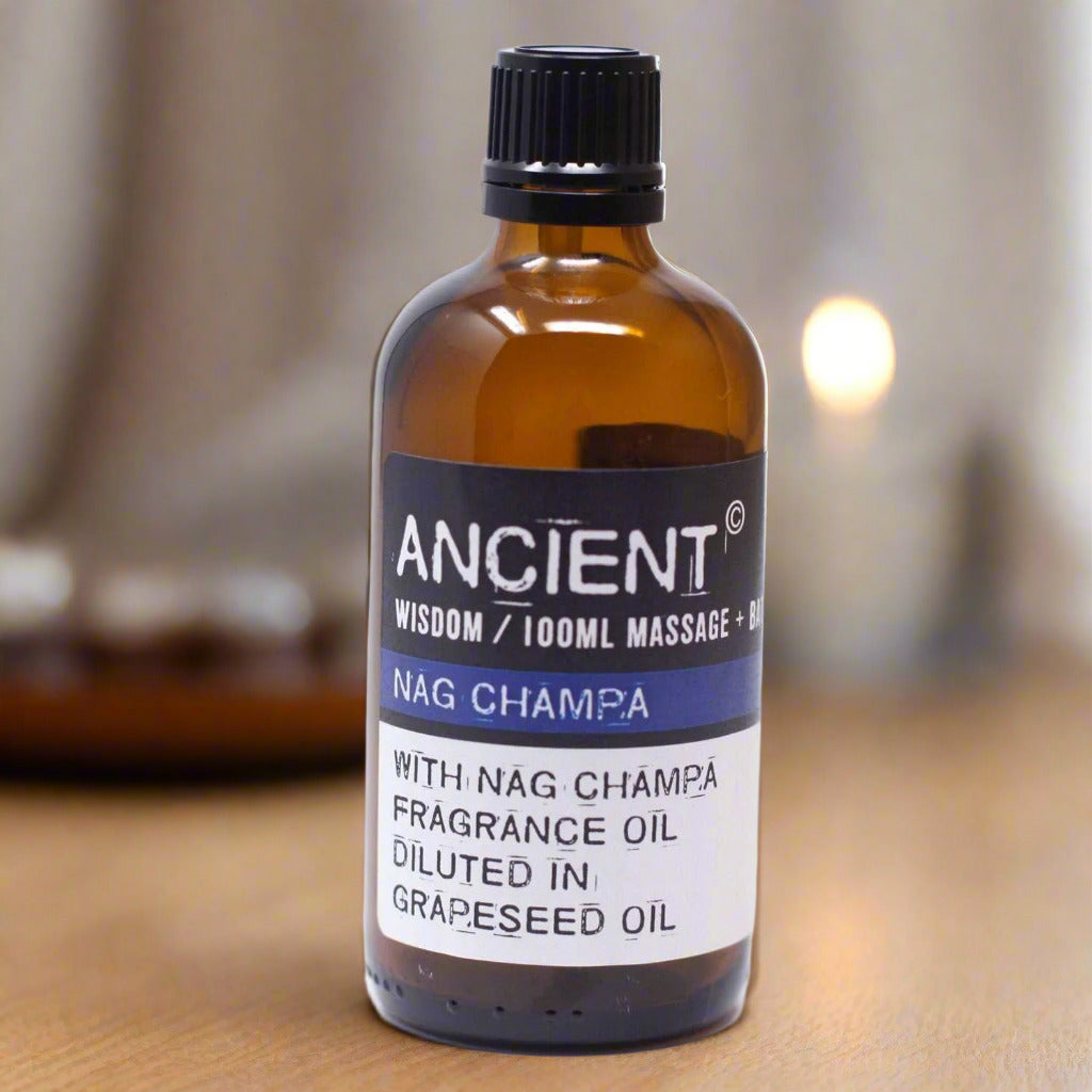 Nag Champa Massage Oil 100ml bottle with natural oils for soothing skin, vegan-friendly, SLS-free, paraben-free.