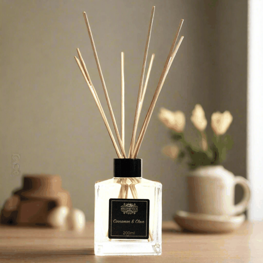 200ml Cinnamon & Clove Essential Oil Reed Diffuser on wooden table with reeds inserted.