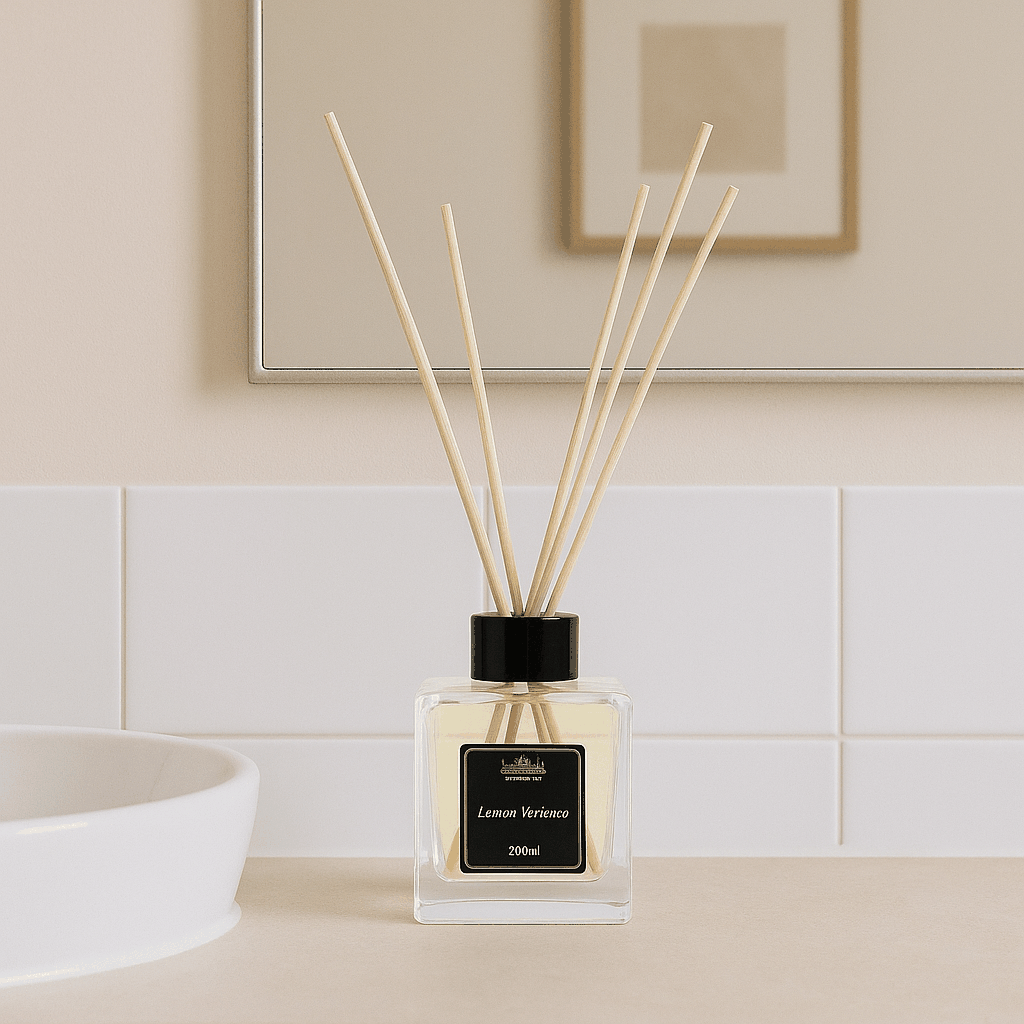 200ml Lemon Verbena Essential Oil Reed Diffuser in glass bottle with reeds, cruelty-free and vegan-friendly packaging.