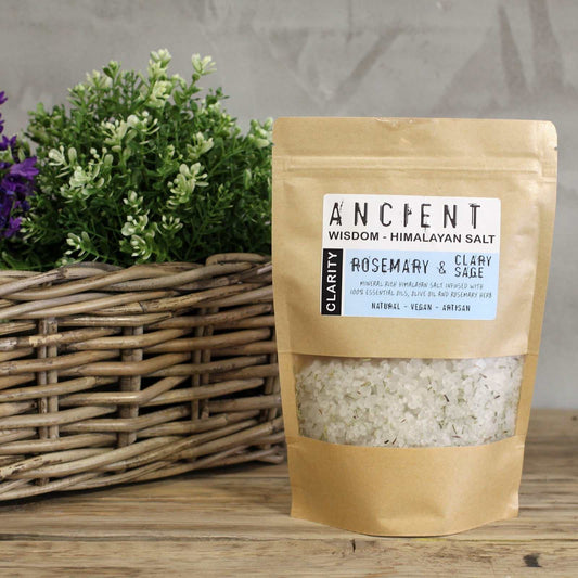 Himalayan Bath Salt Blend Clarity 500g with rosemary and clary sage essential oils for relaxation.