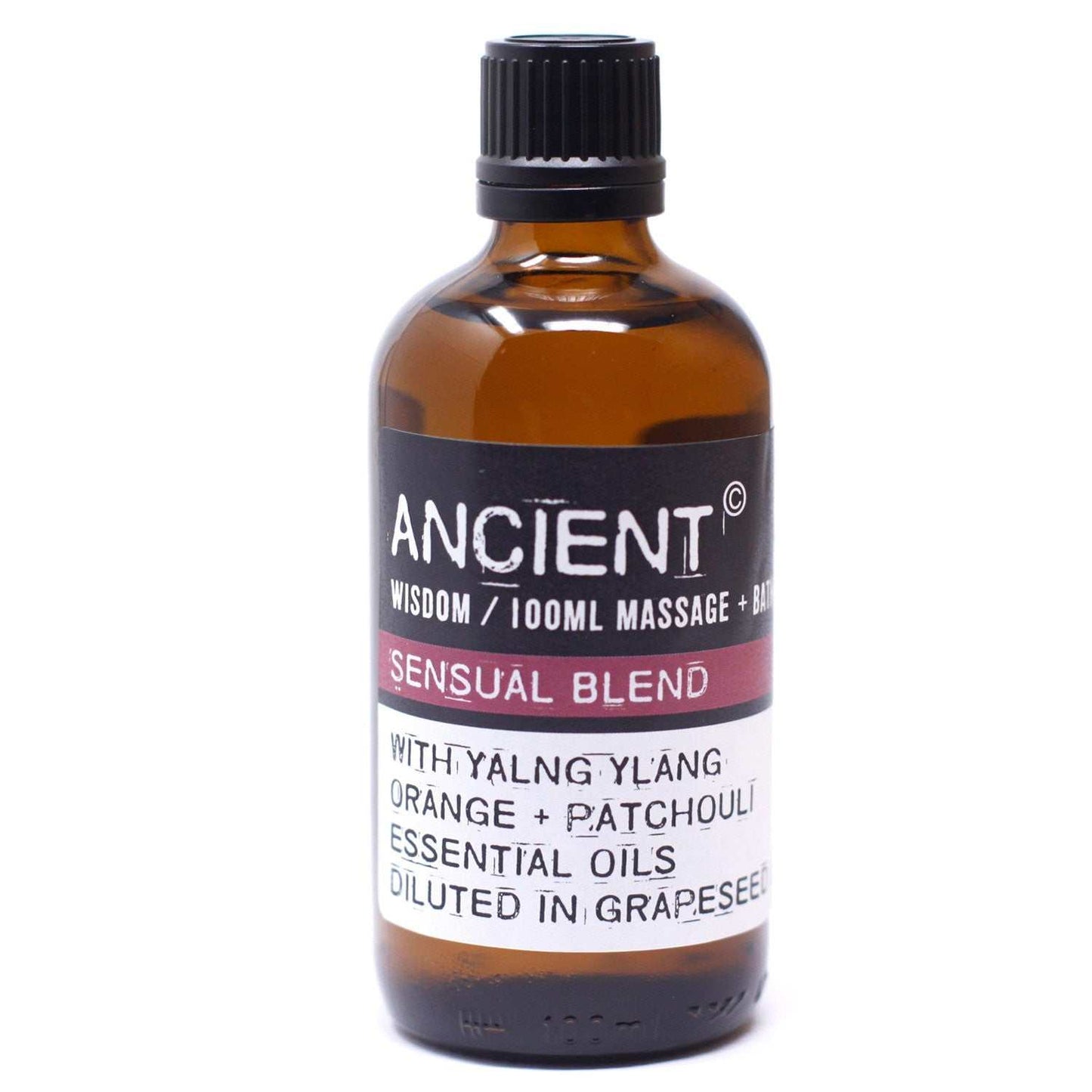Sensual Massage Oil - 100ml bottle with essential oils like ylang-ylang and patchouli in grapeseed.