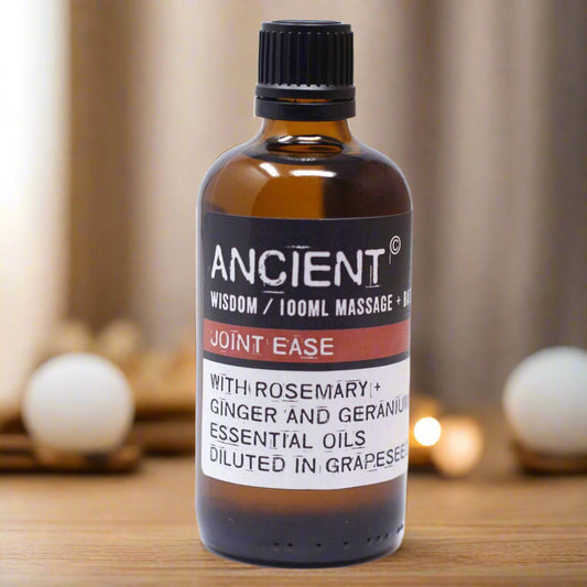 Joints Ease Massage Oil - 100ml bottle with rosemary, ginger, and geranium essential oils.