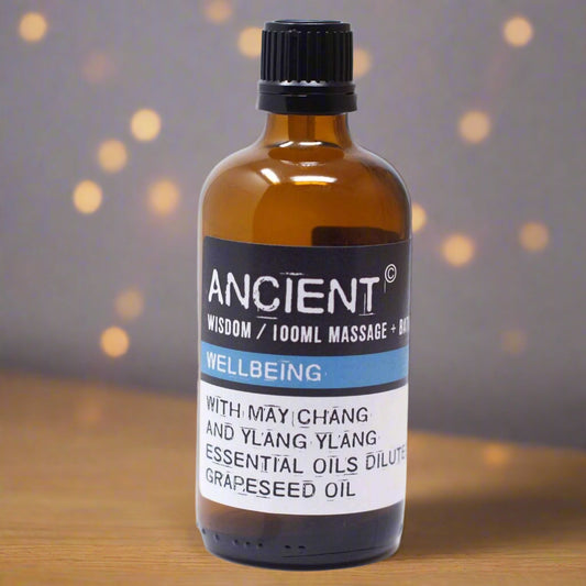 Wellbeing Massage Oil - 100ml bottle with May Chang and Ylang Ylang essential oils.