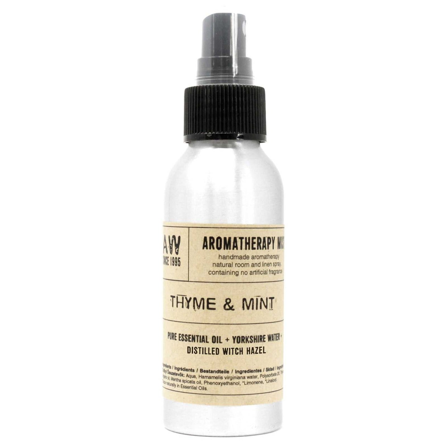 100ml bottle of thyme and mint essential oil mist, aromatherapy spray for clarity and calm.