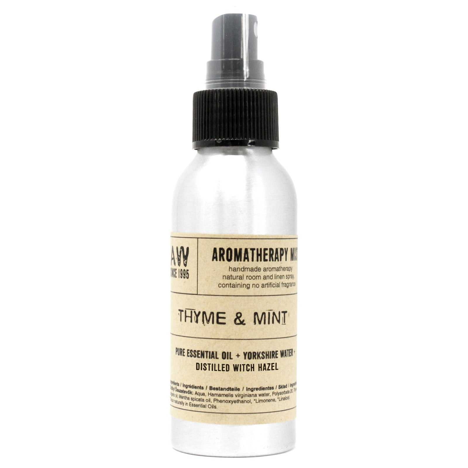100ml bottle of thyme and mint essential oil mist, aromatherapy spray for clarity and calm.