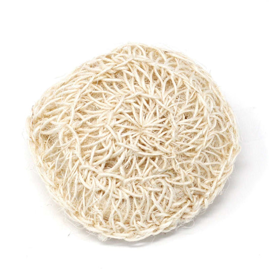 Soft round sisal sponge for gentle exfoliation.