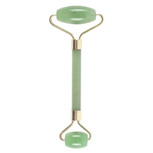 Gemstone Face Roller Jade for skincare, reduces puffiness, improves circulation, vegan-friendly.