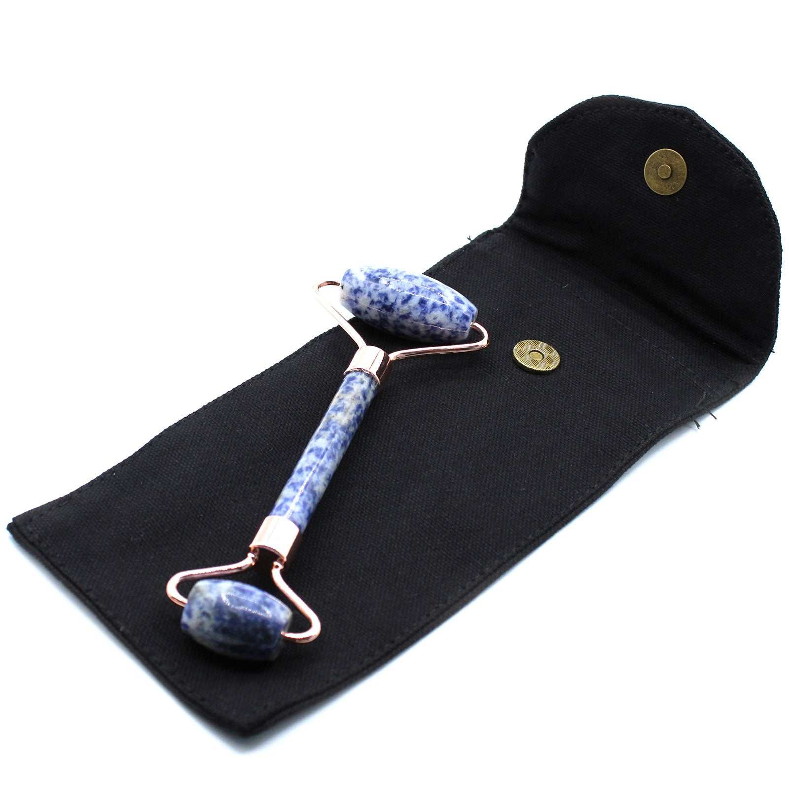 Gemstone Face Roller in Sodalite with dual ends for soothing skin and reducing puffiness.