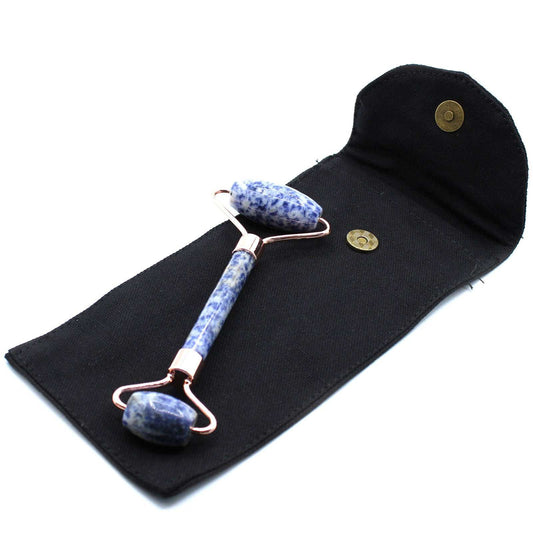 Gemstone Face Roller in Sodalite with dual ends for soothing skin and reducing puffiness.