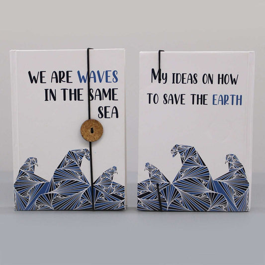 Eco-friendly notebook with strap closure and coconut button, featuring a "Waves in the same sea" design, 200 recycled pages.