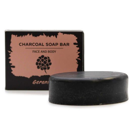 Charcoal Soap 85g with Geranium scent, handcrafted bar for face and body cleansing, SLS-free, vegan-friendly.