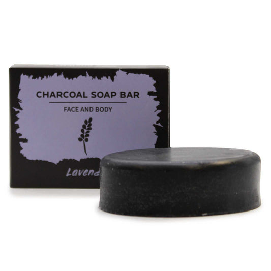 Charcoal Soap 85g with Lavender packaging and bar, vegan and SLS-free.