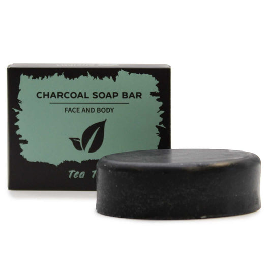 Charcoal Soap 85g with Tea Tree, handcrafted vegan-friendly bar for face and body, natural oils and exfoliants.