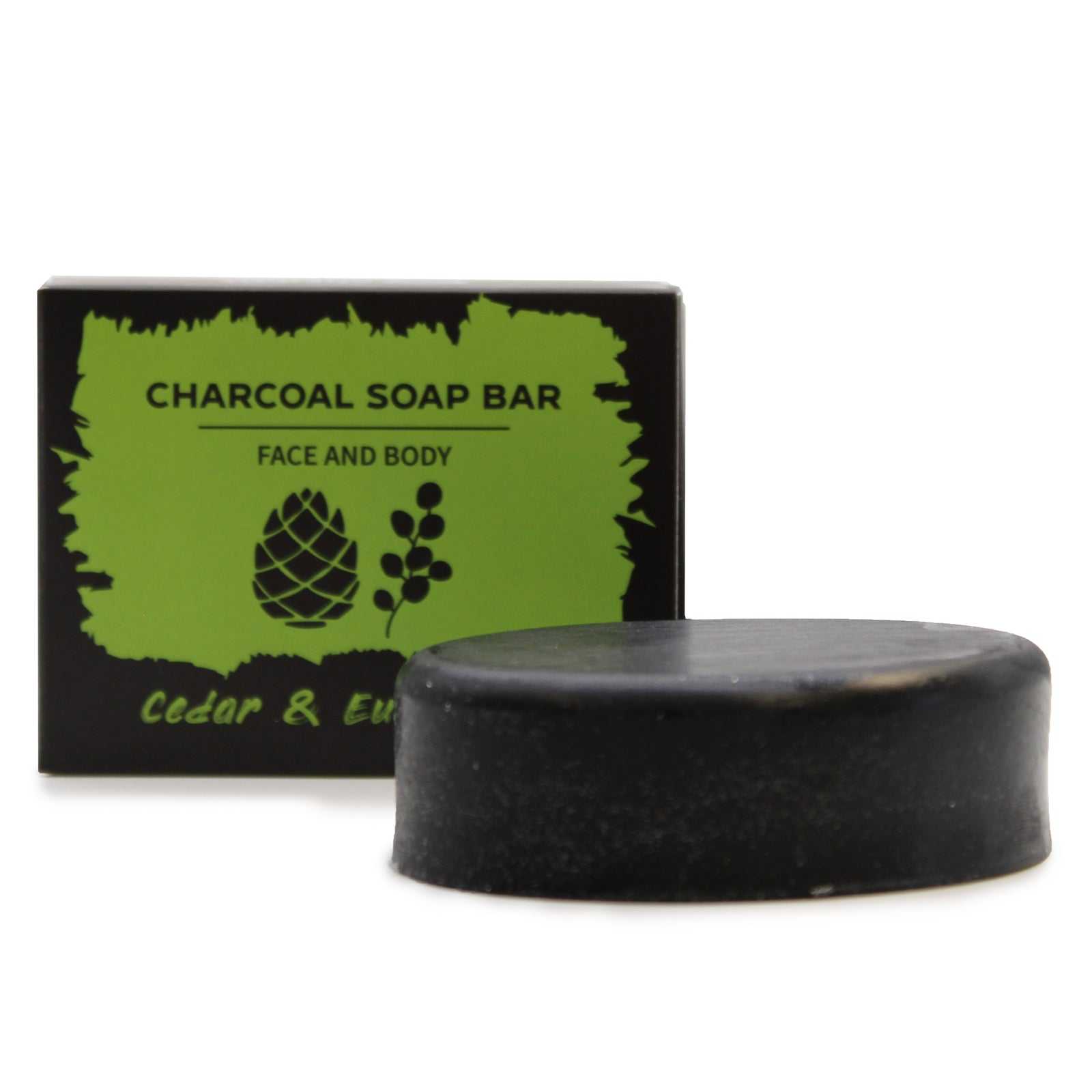 Charcoal Soap 85g with eucalyptus and cedarwood, natural exfoliating bar for face and body.