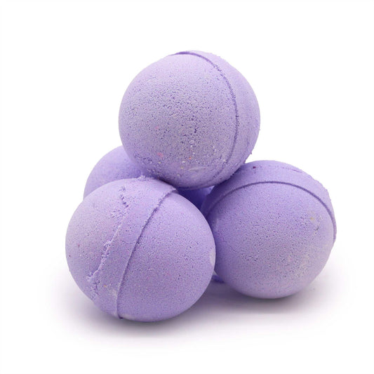 Essential oil bath bomb in clary sage and juniper, purple and spherical, perfect for relaxing baths.