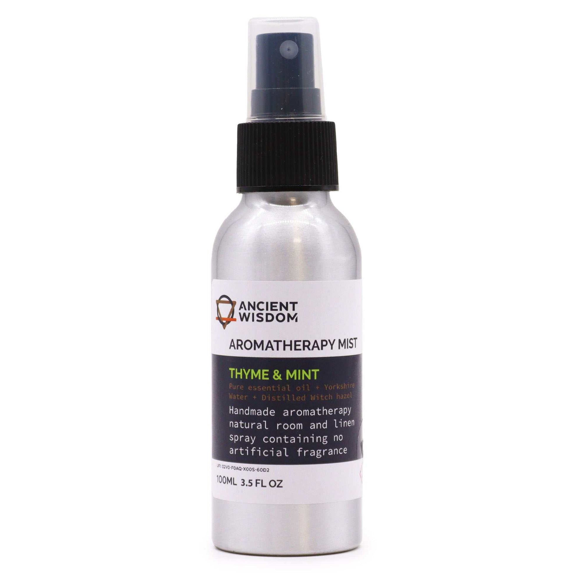100ml Essential Oil Mist - Thyme & Mint in a spray bottle, offering natural, herbaceous fragrance for clarity and calm.