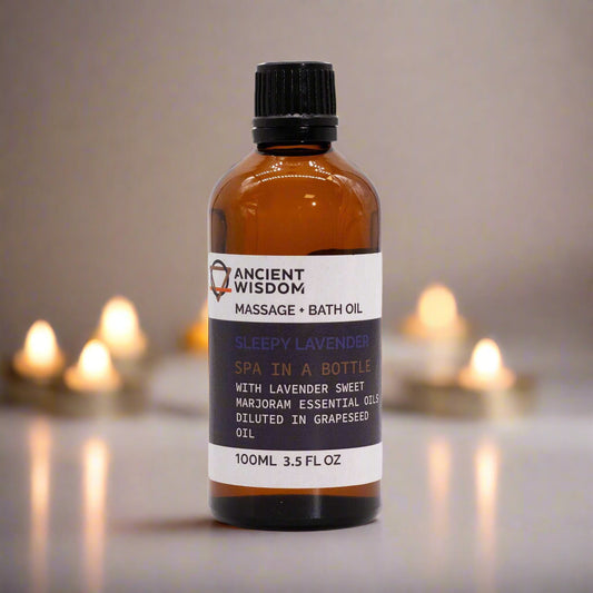 Sleepy Lavender Massage Oil 100ml bottle with essential oils for skin hydration and relaxation.