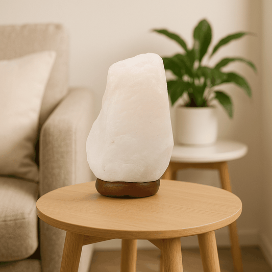 Crystal Rock Himalayan Salt Lamp on wooden base, emitting soft amber light, approximately 2-3kg.