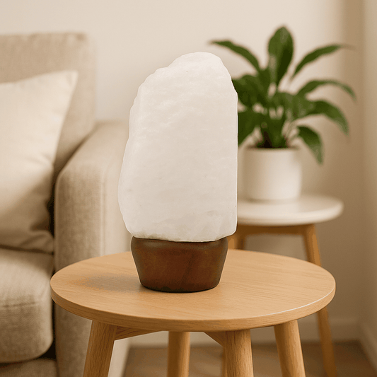 Crystal Rock Himalayan Salt Lamp on wooden base in cozy living room setting.
