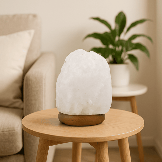 Crystal Rock Himalayan Salt Lamp on a wooden table in a cozy living room.
