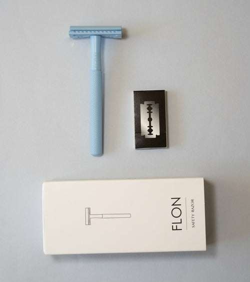 FLON Eco-friendly Reusable Safety Razors in various colors displayed on a white surface.