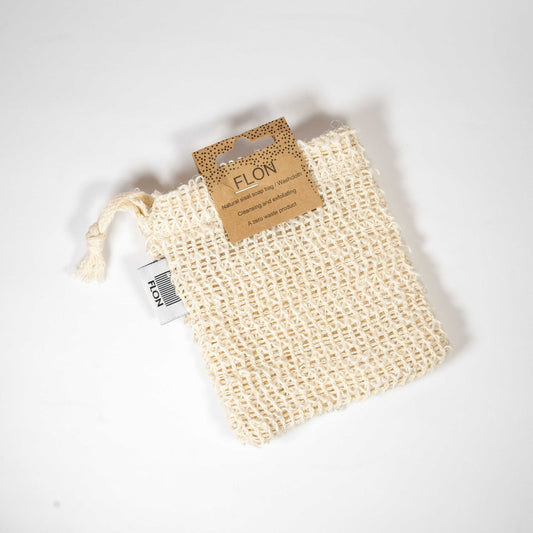 Eco-friendly natural sisal washcloth with packaging, doubles as a soap pouch, 12x14cm.