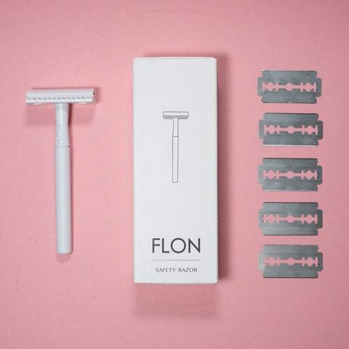 FLON Eco-friendly Reusable Safety Razors in various colors displayed on a white surface.