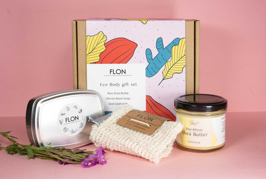 FLON Eco Body Gift Set with Shea Butter, African Black Soap, and Sisal Washcloth.