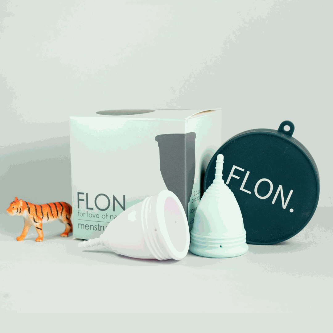 FLON Menstrual Cup Set with small and large cups, steriliser, and travel pouch.