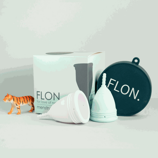 FLON Menstrual Cup Set with small and large cups, steriliser, and travel pouch.