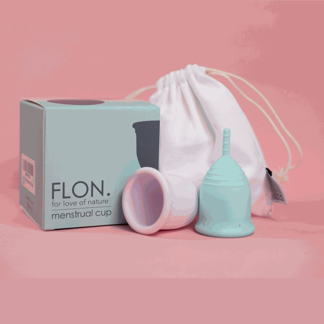 FLON Menstrual Cup FLON Menstrual Cup Set with small and large cups, steriliser, and travel pouch.