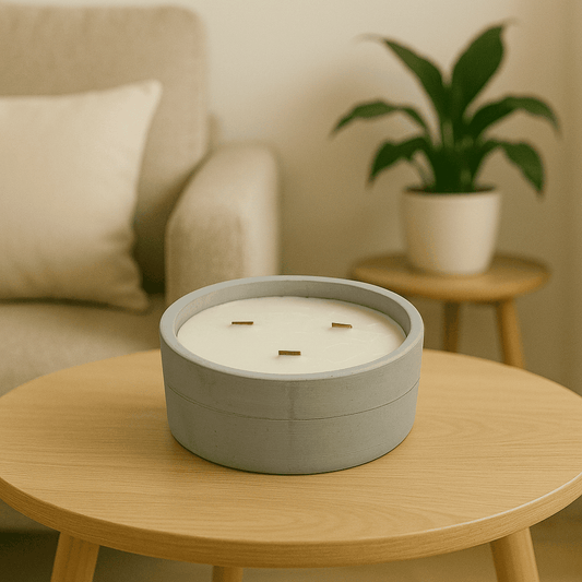 Large round concrete candle with wooden wick on a table, featuring a natural finish and reusable vessel.