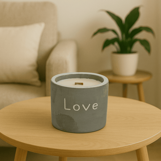 Medium concrete pot candle with "Love" inscription and wooden wick on a table.