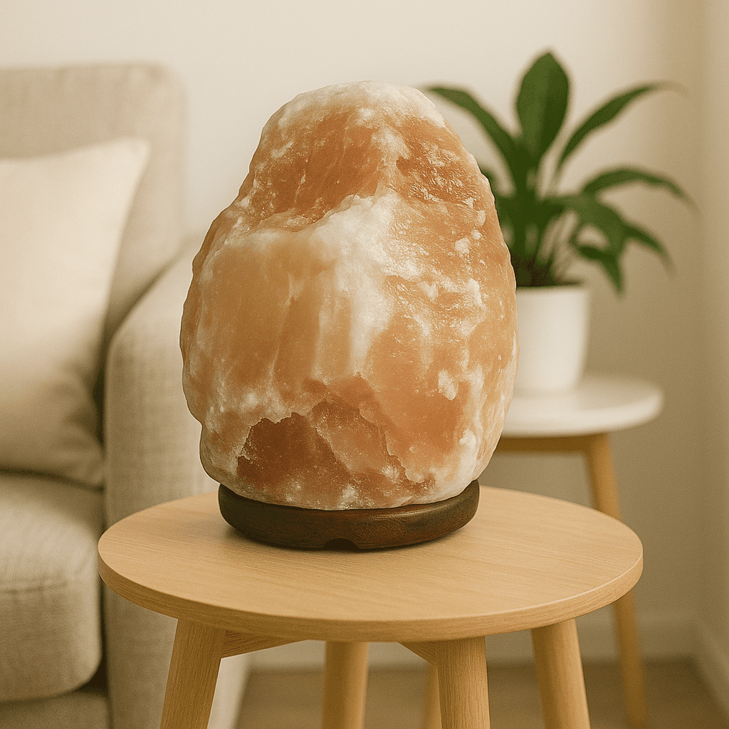 Natural salt lamp on wooden base emitting warm glow, ideal for tranquil home atmosphere.