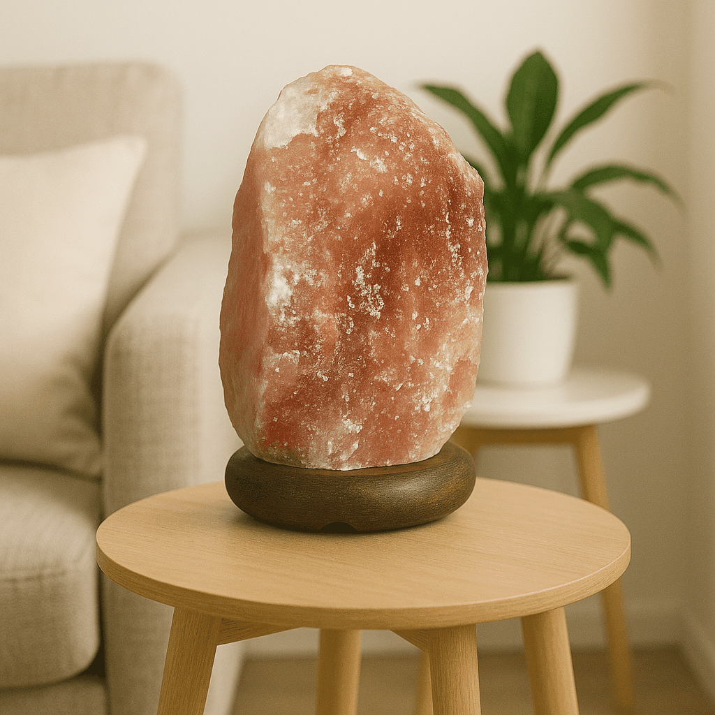 Natural Himalayan salt lamp on wooden base emitting warm glow in a cozy room setting.