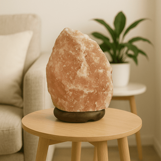 Quality Salt Lamp on wooden base, approx 1.5-2kg, emits warm glow, hand-carved Himalayan rock salt, ideal for relaxation.