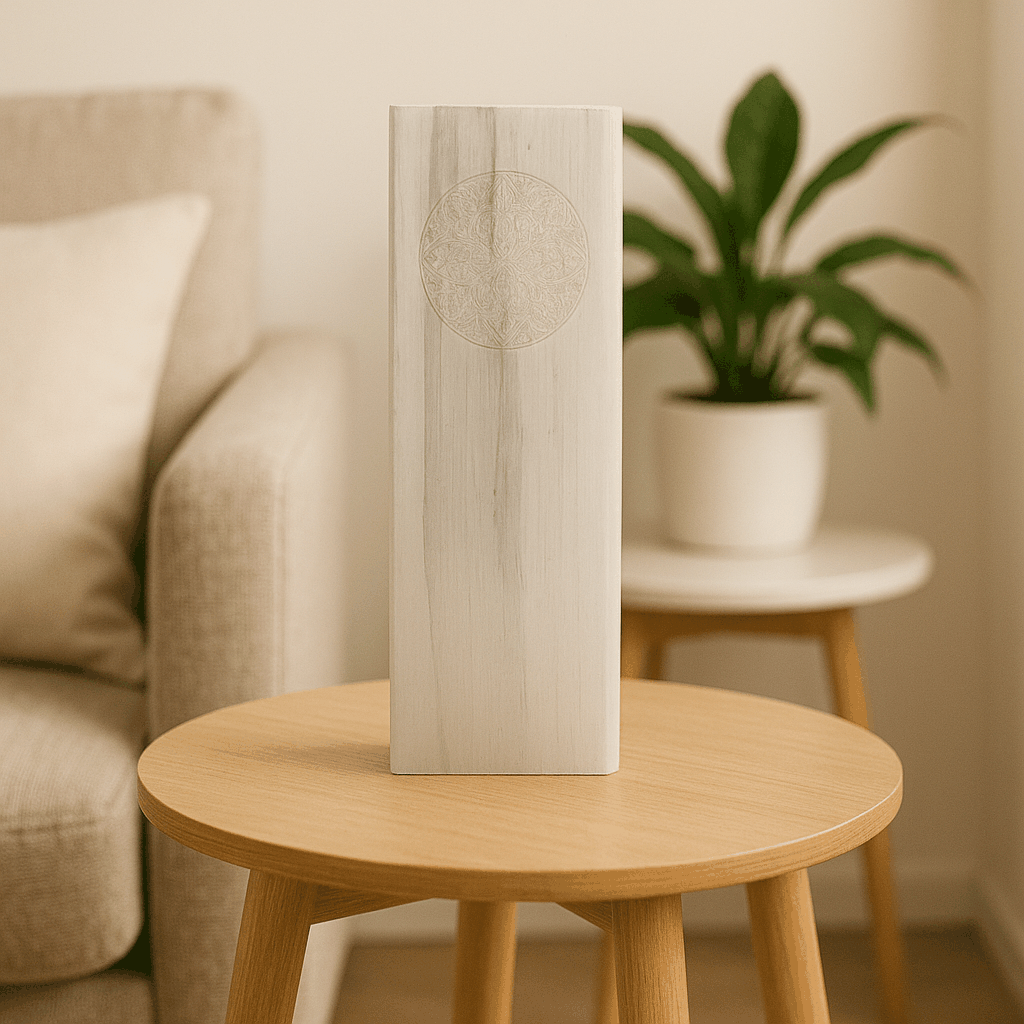 Selenite Block Lamp 25cm with Tree of Life motif on a wooden table, offering a calming glow.