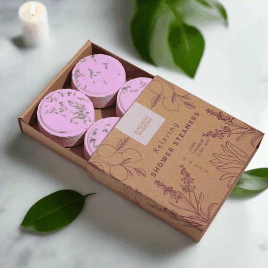 Zen Shower Steamers therapy wellness gift set with natural ingredients and essential oils in a decorative box.
