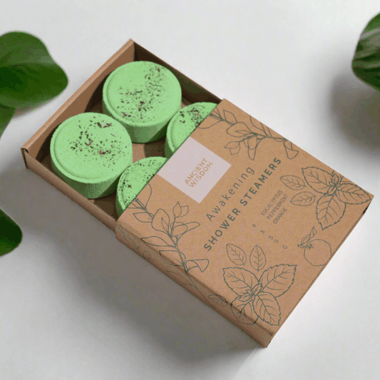 Zen Shower Steamers Therapy Wellness Gift Set Awakening in box with botanical design.