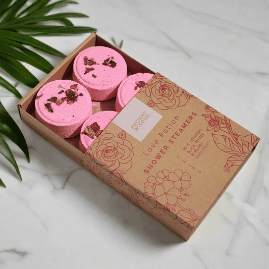 Zen Shower Steamers - Love Potion therapy wellness gift set in pink, with floral decorations.