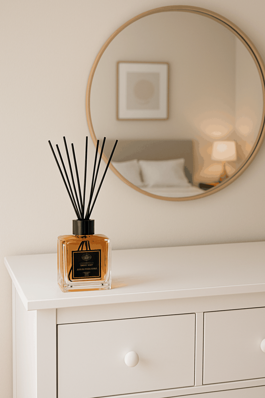 Ylang Ylang & Mandarin Essential Oil Reed Diffuser on white dresser in serene room setting.