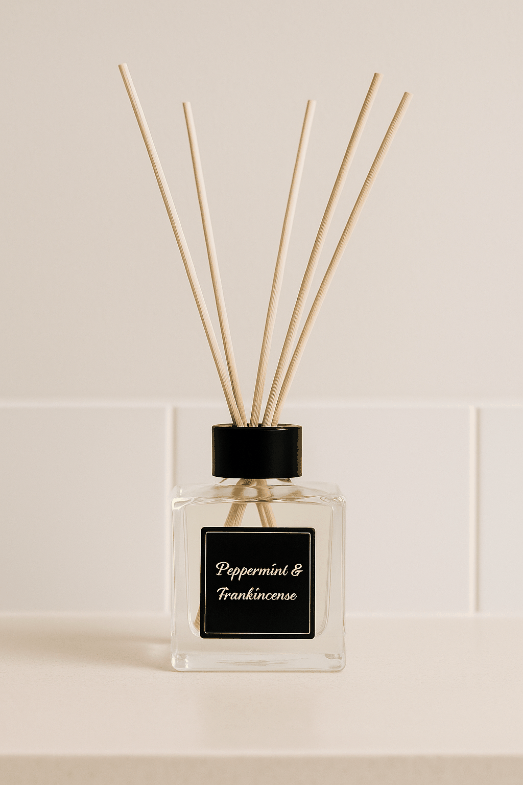 200ml Peppermint & Frankincense Essential Oil Reed Diffuser in glass bottle with reeds.